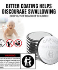 Hella Solid CR2025 3 Volt Coin Cell Batteries 12 Pack with child-resistant bitter shell, safety warning for kids.