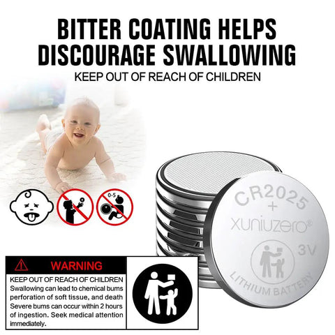 Hella Solid CR2025 3 Volt Coin Cell Batteries 12 Pack with child-resistant bitter shell, safety warning for kids.