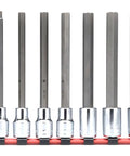 Front view of Three Eighths Inch Drive Hex Bit Socket Set Long Length Seven Piece For Deep Reach And Tough Automotive And Mechanical Projects.