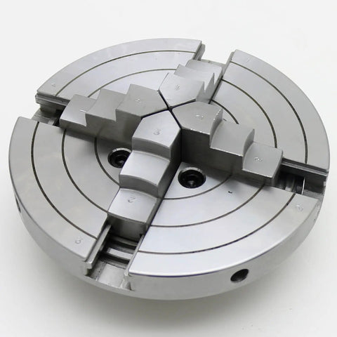 Close-up of Bad Boy Heavy Duty Six Inch Four Jaw Self Centering Wood Lathe Chuck Crafted From Premium Steel for woodturning.