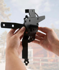 Person holding black Wood Gate Hardware Set With Heavy Duty 8-Inch Decorative Strap Hinges And Spring Loaded Latch Kit