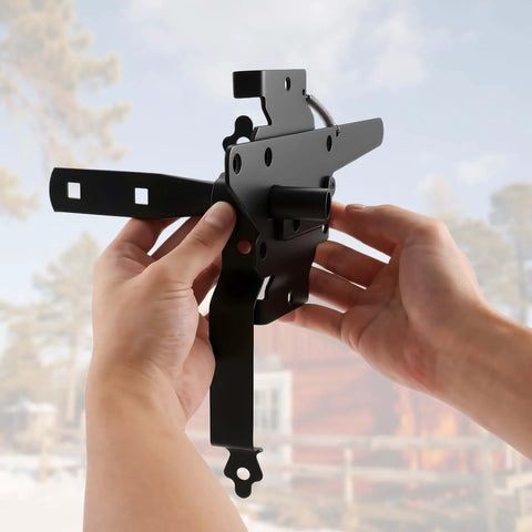Person holding black Wood Gate Hardware Set With Heavy Duty 8-Inch Decorative Strap Hinges And Spring Loaded Latch Kit