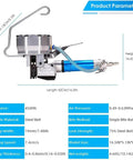 Pro Grade Pneumatic Steel Strapping Machine Featuring Heavy Duty Tensioner Cutter Sealer And Handheld Banding Tool, shown from the side with dimensions.