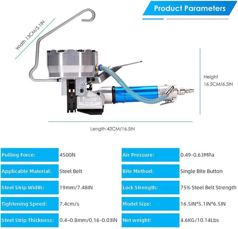 Pro Grade Pneumatic Steel Strapping Machine Featuring Heavy Duty Tensioner Cutter Sealer And Handheld Banding Tool, shown from the side with dimensions.