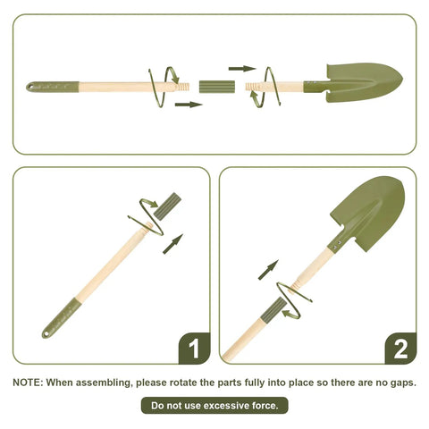 Assembling a shovel from Kids Gardening Tools And Bug Catcher Kit Two In One Outdoor Toys With Wheelbarrow And Bug House