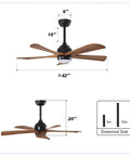 Geelife 42" 5PCS Solid Wood Blades Ceiling Fan with Lights Remote Control, showing dimensions and downrod size options.