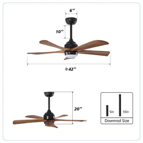 Geelife 42" 5PCS Solid Wood Blades Ceiling Fan with Lights Remote Control, showing dimensions and downrod size options.