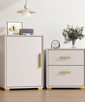 White cabinets with 10 Pack Self Adhesive Cabinet Pulls 5 Inch Gold Finger Handles Stick On Edge Pulls For Cabinets And Drawers No Drill Easy Installation Durable Satin Gold Finish Perfect For Kitchen Bath Furniture Cupboards installed, showcasing elegant modern design in room setting.