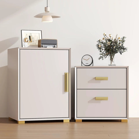White cabinets with 10 Pack Self Adhesive Cabinet Pulls 5 Inch Gold Finger Handles Stick On Edge Pulls For Cabinets And Drawers No Drill Easy Installation Durable Satin Gold Finish Perfect For Kitchen Bath Furniture Cupboards installed, showcasing elegant modern design in room setting.