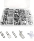 Heavy Duty Shelf Pegs And Pins Set For Cabinets And Bookshelves, steel pin holders in clear plastic case, multiple designs visible