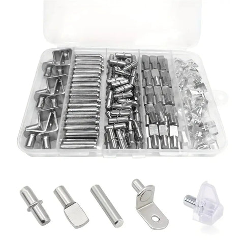 Heavy Duty Shelf Pegs And Pins Set For Cabinets And Bookshelves, steel pin holders in clear plastic case, multiple designs visible