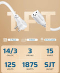 One Foot Indoor Extension Cord 14 Gauge Short Flat Plug With 3 Prongs Low Profile Angled 45 Degree Plug SJT Cable ETL
