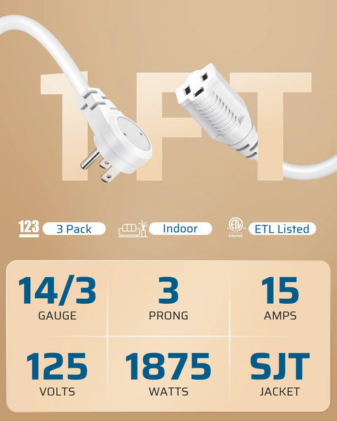 One Foot Indoor Extension Cord 14 Gauge Short Flat Plug With 3 Prongs Low Profile Angled 45 Degree Plug SJT Cable ETL