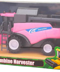 One To Thirty Two Scale Friction Powered Pink Combine Harvester Farm Toy in packaging with rotating reel and removable ladder