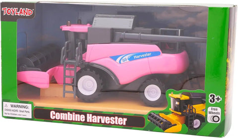 One To Thirty Two Scale Friction Powered Pink Combine Harvester Farm Toy in packaging with rotating reel and removable ladder