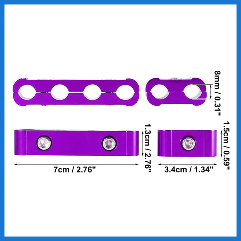 Purple Aluminum Alloy 4 Pack 8mm Spark Plug Wire Separator Loom Clamps shown with measurements