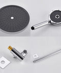 Close-up of Premium Wall Mounted Rainfall Shower System That Hits Different With Single Handle Hot And Cold Control and three setting spray components.