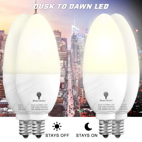Six Pack Dusk To Dawn LED Bulbs With Smart Light Sensor E12 Candelabra Base 6W Consumption 65W Equivalent 3000K Warm White