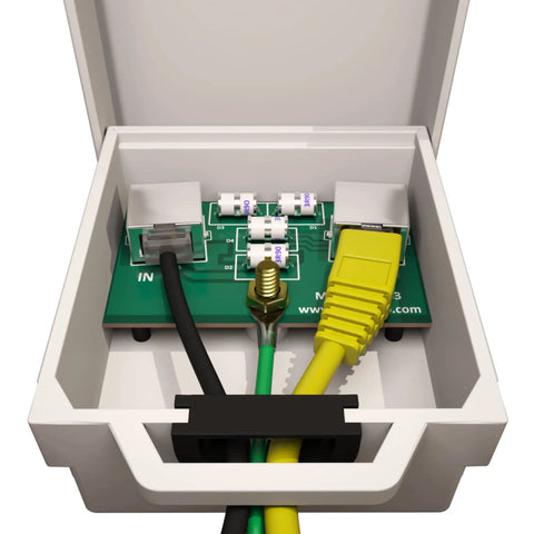 Outdoor Ethernet Surge Protector Two Pack PoE Plus Gigabit Network Shield Weather Resistant RJ45 Protection For CAT5 CAT6 CAT7 Full Line To Ground Lightning Protection with visible internal components.
