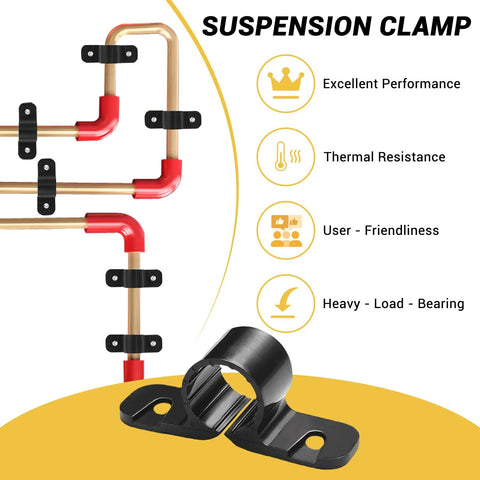 Front view of Pex pipe support clamps kit with nylon R-type clamps and screws on copper pipes