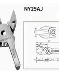 Close-up of NY25AJ pneumatic slide air nippers, stainless steel, shown with technical dimensions for precise cutting.