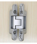 Zinc Alloy 180 Degree 3D Adjustable Concealed Door Hinge in Silver mounted on wood, sleek design for hidden mount