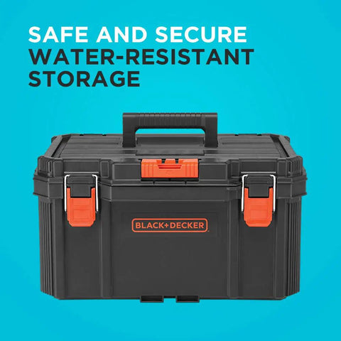 Front view of a black and orange toolbox from Beyond Stackable Tool Storage System 3 Piece Set With Small Deep Toolbox And Rolling Tote.