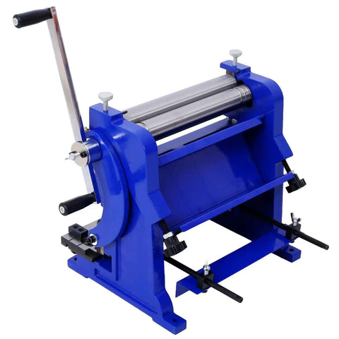 Blue 3 In 1 Sheet Metal Brake 12 Inch Combination Machine for bending, shearing, and rolling in workshop, five blade options, HT200 casting