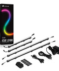 Icue LS100 LED Smart Lighting Strip Starter Kit, including 2x 27-LED, 2x 15-LED strips, controller, and power adapter.