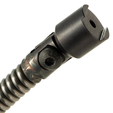 Close-up of Straight Up American Drain Cleaning Cable One Half Inch By Fifty Feet slotted coupling and blade attachment.