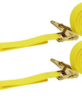 Heavy Duty Ratchet Straps With E Track Hooks Dual Pack yellow cargo tie downs, 2" x 12" straps with E-track attachments.