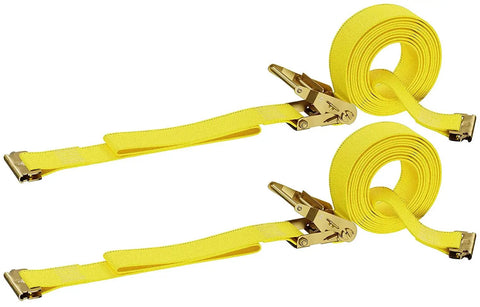Heavy Duty Ratchet Straps With E Track Hooks Dual Pack yellow cargo tie downs, 2" x 12" straps with E-track attachments.