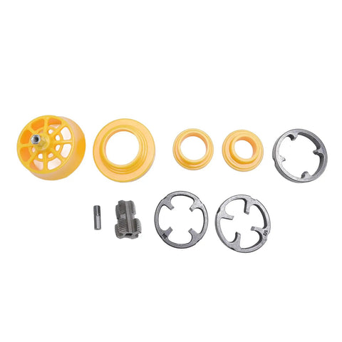 Senecesli PVC Pipe Threader Kit components including yellow cutting heads and metal fittings for making accurate threads on plastic pipes.