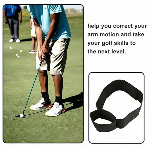 Golfer using Real Time Golf Swing Trainer Arm Band for connection and stability; adjustable elastic band shown on green.