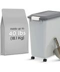 Portable 40Lb Pet Food Storage Bin With Wheels, Airtight Lid, Built In Scoop In Lid, BPA Free, gray bin next to a 40 lb capacity bag