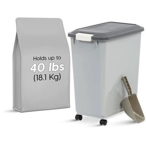 Portable 40Lb Pet Food Storage Bin With Wheels, Airtight Lid, Built In Scoop In Lid, BPA Free, gray bin next to a 40 lb capacity bag