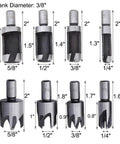 All In One Woodworking Drill Bit Set With Countersinks And Plug Cutters Hex Shank HSS on white background showcasing sizes
