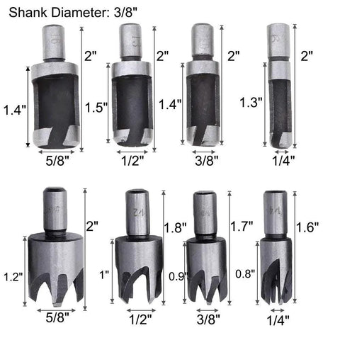 All In One Woodworking Drill Bit Set With Countersinks And Plug Cutters Hex Shank HSS on white background showcasing sizes