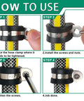 OURU 110pcs cable clamp kit, stainless steel with rubber coating, 4-step installation guide demonstrating clamps on a hose.