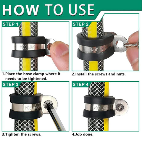 OURU 110pcs cable clamp kit, stainless steel with rubber coating, 4-step installation guide demonstrating clamps on a hose.