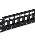 24-Port Blank Keystone 1U Patch Panel For Cat6 Jacks, 19-Inch Rackmount, Steel Black, front view of keystone slots