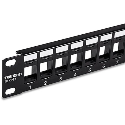 24-Port Blank Keystone 1U Patch Panel For Cat6 Jacks, 19-Inch Rackmount, Steel Black, front view of keystone slots
