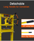 Heavy Duty 20 Ton Hydraulic H Frame Shop Press With Snappy Manual Hand Pump And Adjustable Steel Work Table For Hardcore Auto Repair Garage Grind Powder Coated Rust Resistant Build featuring an 18" long detachable non-slip handle.