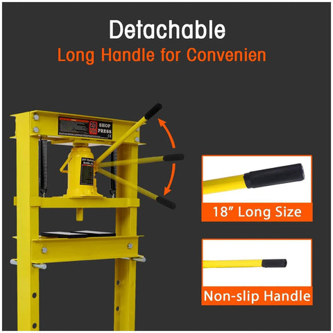 Heavy Duty 20 Ton Hydraulic H Frame Shop Press With Snappy Manual Hand Pump And Adjustable Steel Work Table For Hardcore Auto Repair Garage Grind Powder Coated Rust Resistant Build featuring an 18" long detachable non-slip handle.