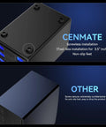 Comparison of Super Solid Four Bay Hard Drive Enclosure With Built In Cooling Fan features, highlighting screwless installation and non-slip feet.