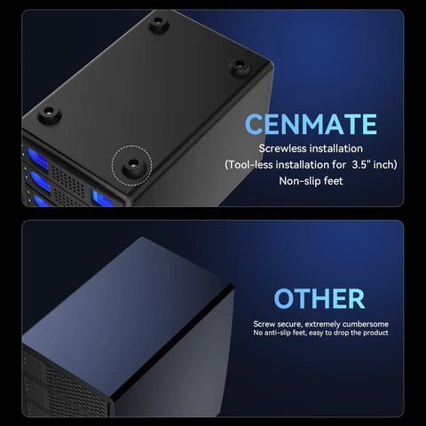 Comparison of Super Solid Four Bay Hard Drive Enclosure With Built In Cooling Fan features, highlighting screwless installation and non-slip feet.