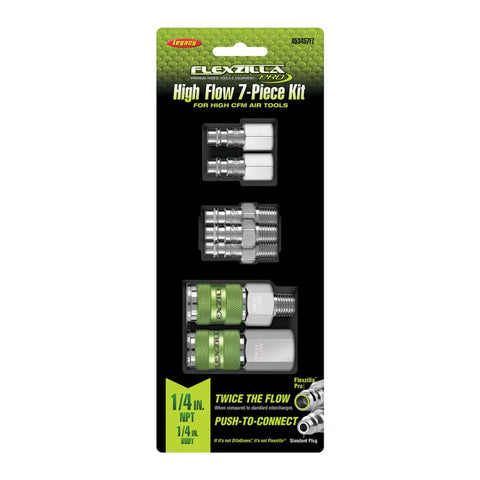 Pro High Flow Air Tool Coupler And Plug Kit, 7 Piece, 1/4 Inch NPT, Push To Connect System, visible packaging, twice the flow