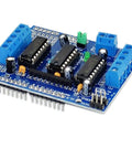 L293D Motor Drive Shield for Arduino and Raspberry Pi, blue board, multiple connectors, compatible with Duemilanove, 600mA per channel.