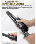 Evenoonest Pneumatic Belt Sander showing convenient retractable switch for sandpaper belt tightening.