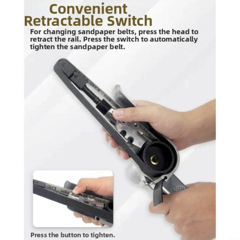 Evenoonest Pneumatic Belt Sander showing convenient retractable switch for sandpaper belt tightening.